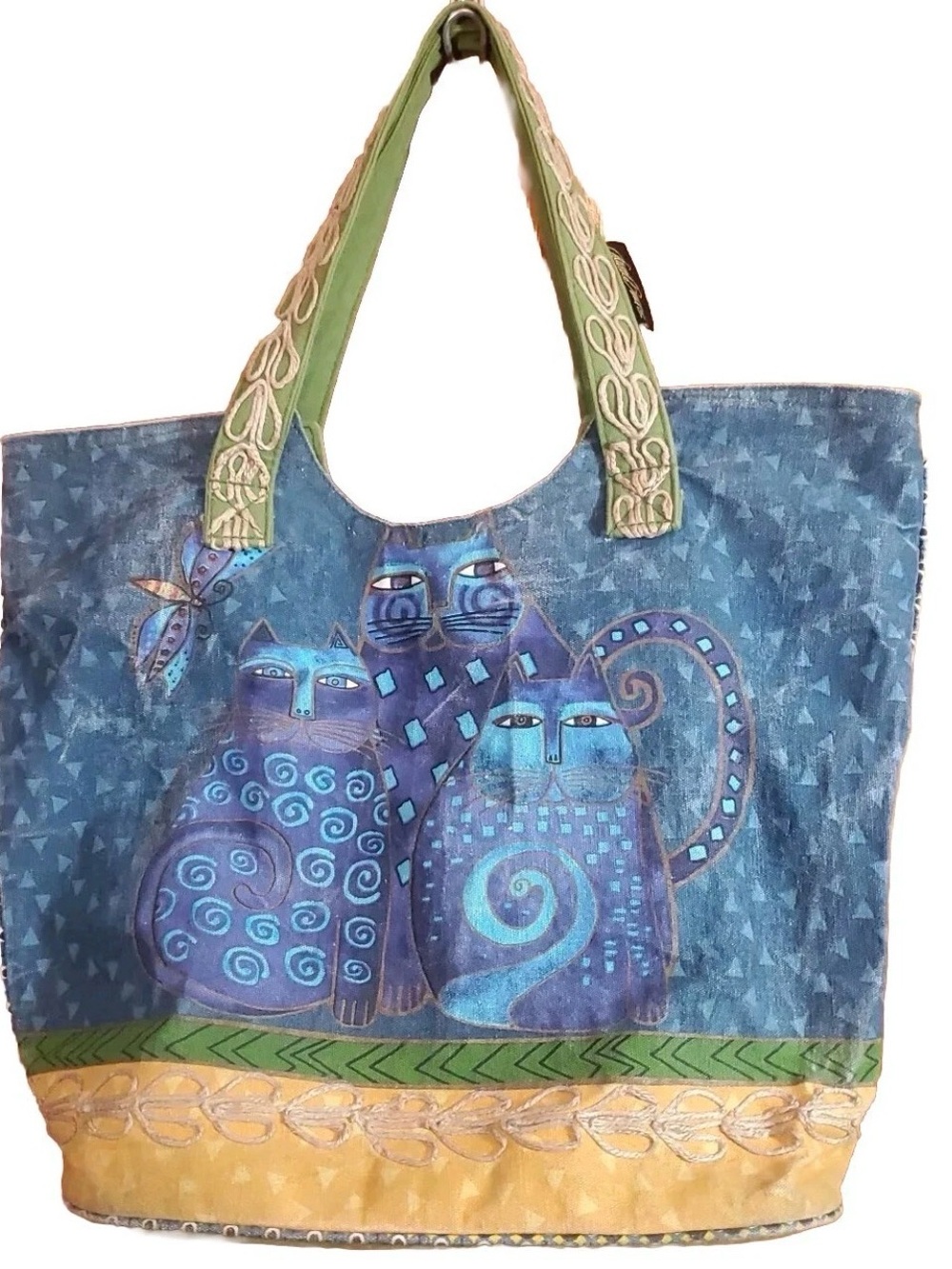 Laurel Burch Medium Canvas Double Strap Embroidered Cats Graphic Tote Bag